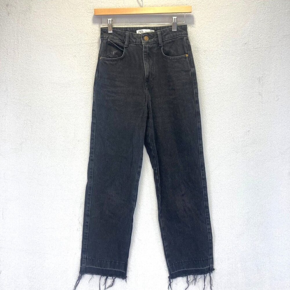 ZARA Raw Hem Jeans Size 2 Black Denim High Waist Straight Leg 27.5" Inseam Punk - Picture 1 of 14